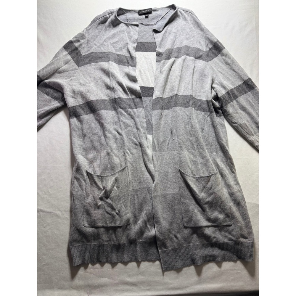 Lane Bryant Cardigan Womens 22/24 Gray White Striped Open Front Longline Sweater